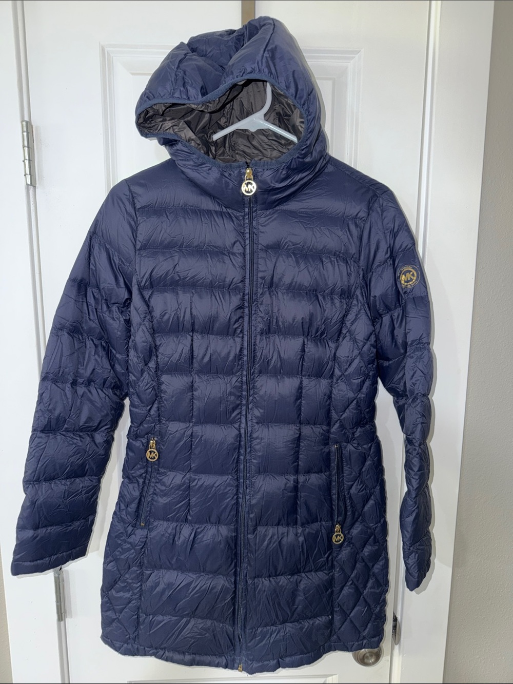 Michael Kors Packable Navy Quilted Hooded Puffer Jacket with Gold Accents